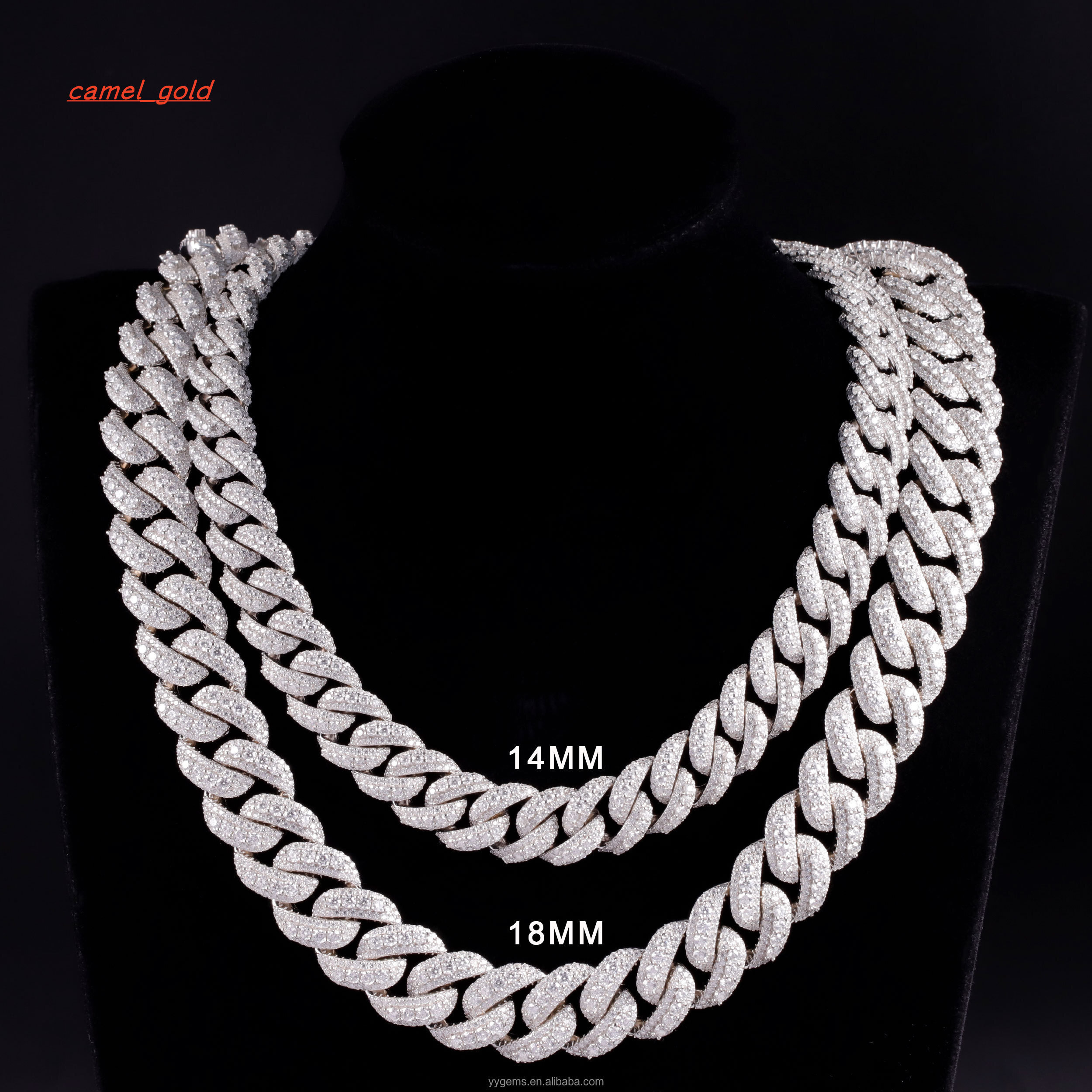Large Moissanite Middle 14/16/18MM Wide Iced Out 3 Rows Cuban Link Chains Gold Plated 925 Silver VVS Moissanite Hip Hop Chains