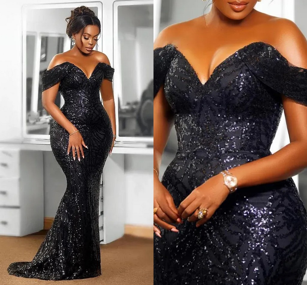 Aso Ebi Black Sequined Mermaid Evening Dress Sexy Off Shoulder Slim Fitted African Women Formal Occasion Gowns Sweep Train Plus Size Second Reception Dress LG0216