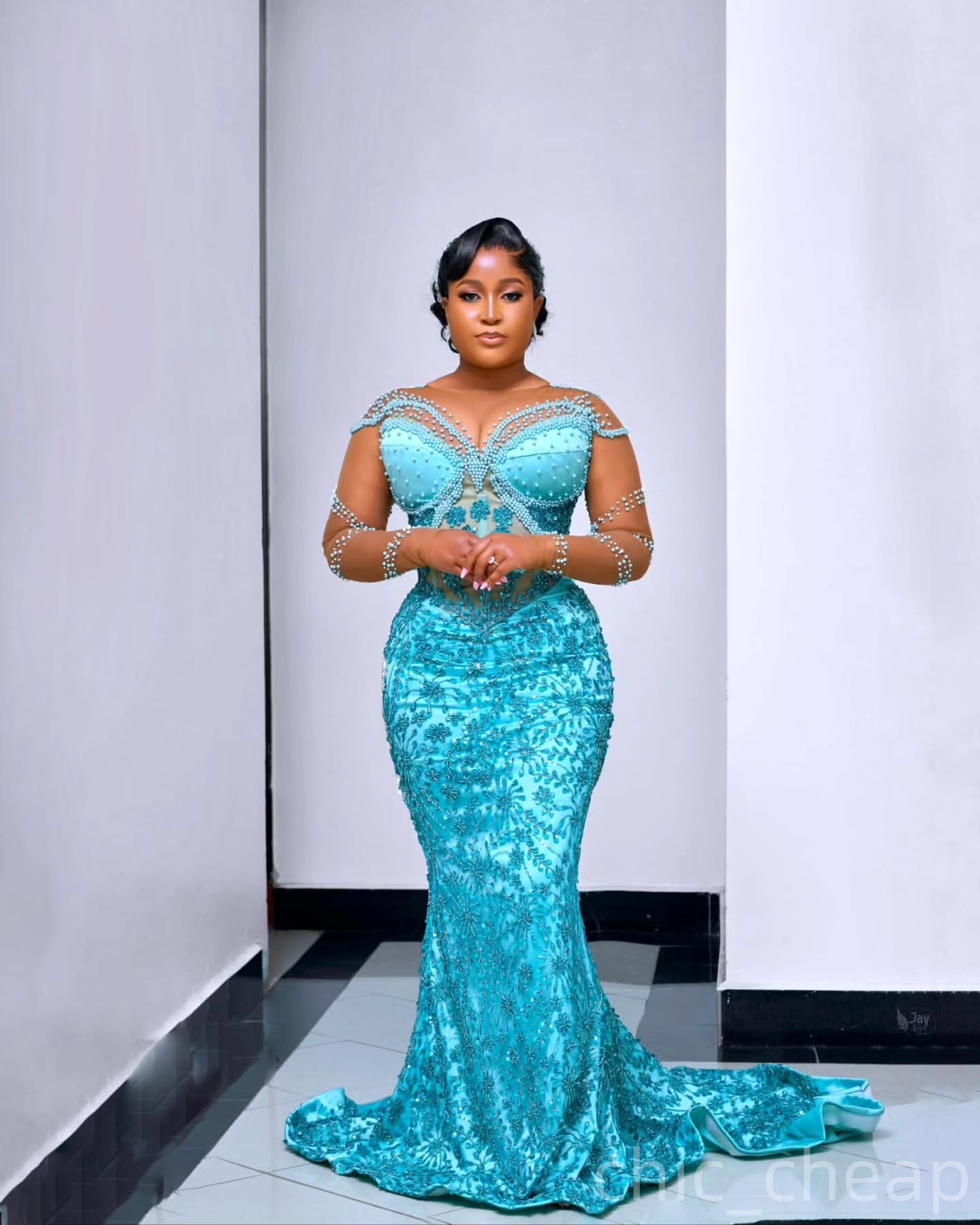 Sky Blue Mermaid Prom Dresses 2025 Pearls Beaded Sequined Sheer Neck Evening Formal Party Second Birthday Engagement Gowns Plus Size Dress For Special