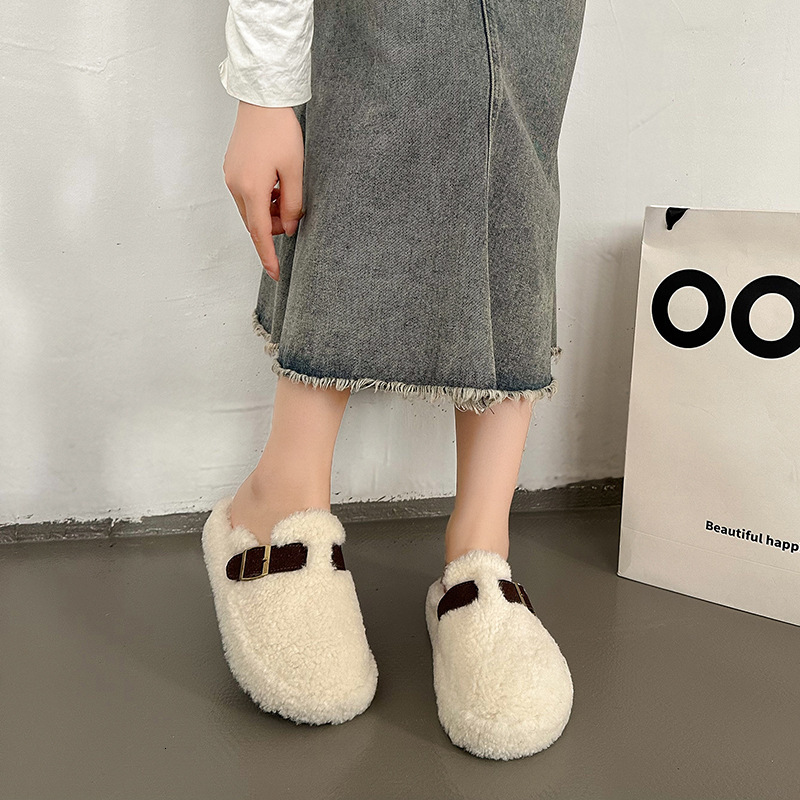 New designer shoes for women's fur leather shoes, winter plush lazy half toe slippers, outdoor new autumn and winter cotton thick soled shoes