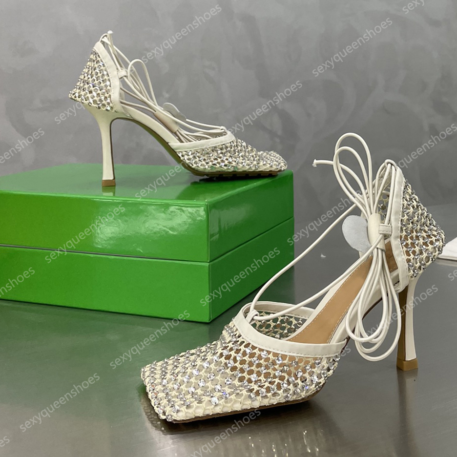 Elegant Mesh Breathable Crystal Sandals Women High Heel Luxury Designer Party Shoes Hollowed Out Rhinestone Fashion Wedding Shoes Size 35-42