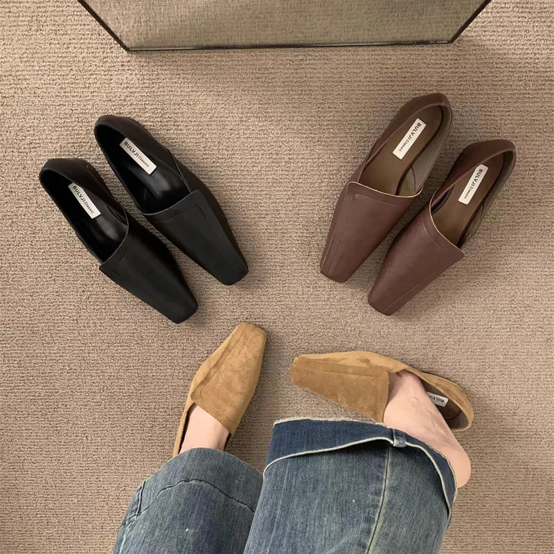 Flat Loafers Shoes Elegant Leather Square Toe Soft 2026 Trend Winter Walking Comfort Chaussures Femme 250910