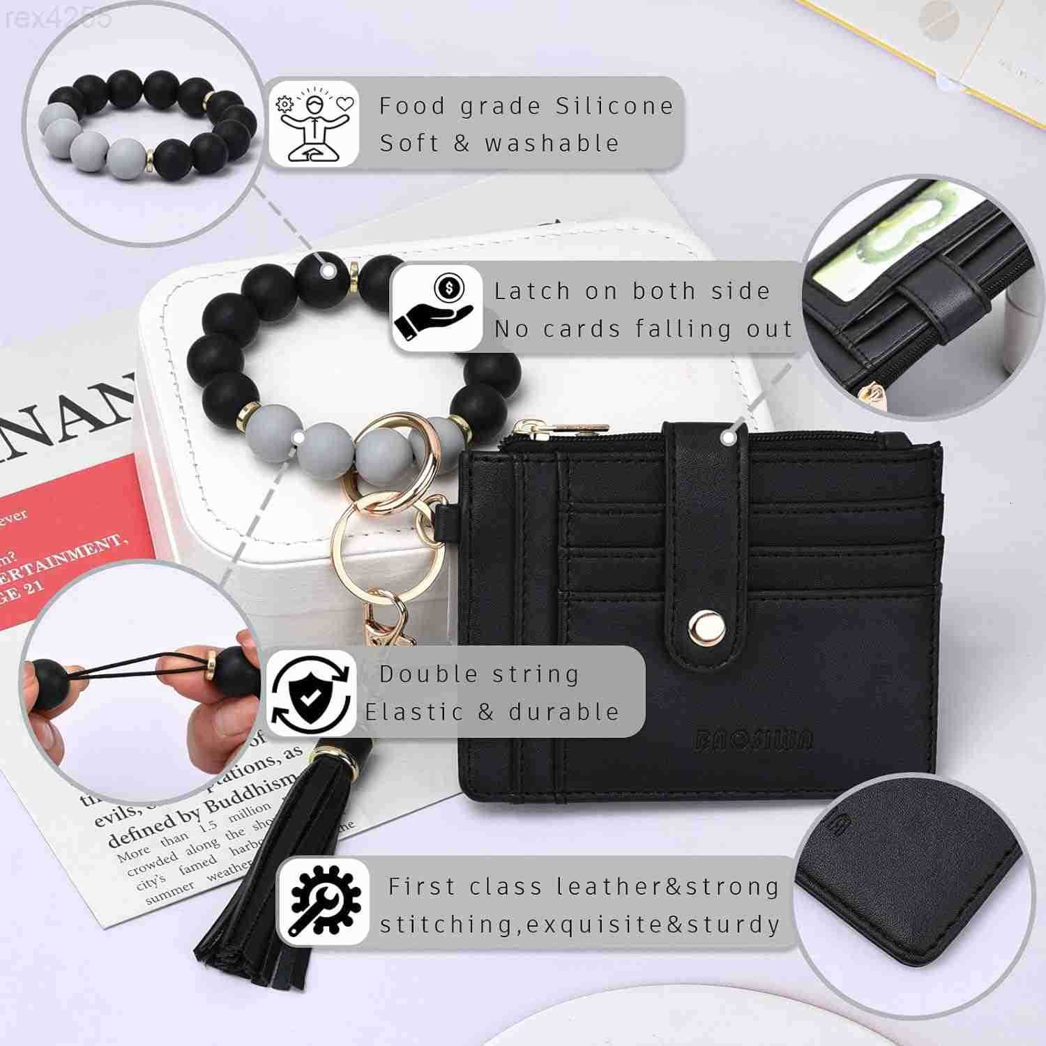 Silicone Bracelet Keychain Wallet for Women Wristlet Card Holder Slim RFID Wallet with Zipper PocketW250910