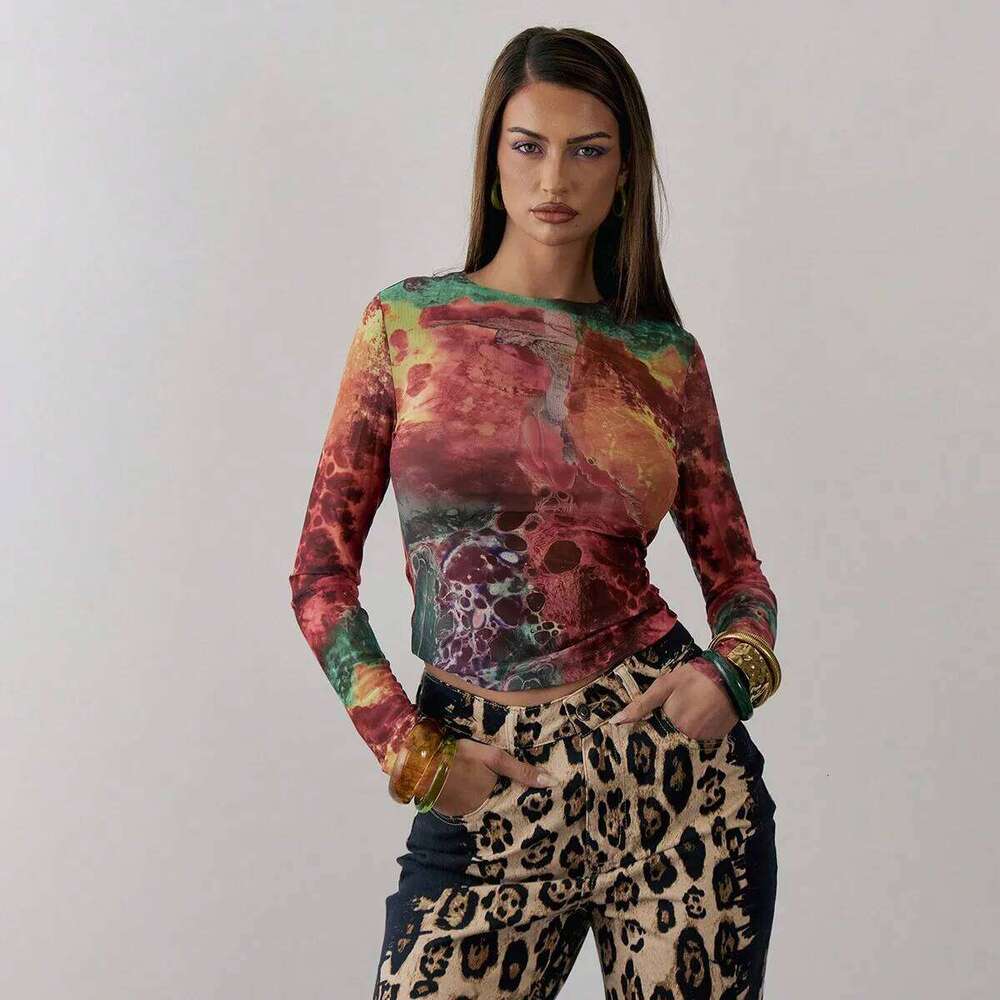 Europe And The United States Women's Spring New Mesh Tie Dye Trend Round Neck Long Sleeve Top Crop Tight T-Shirt