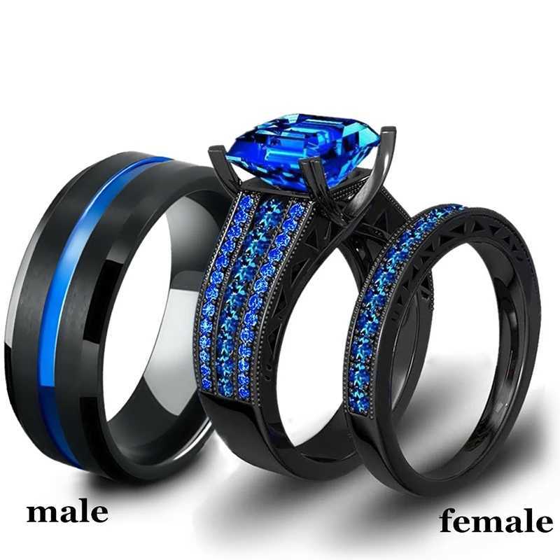 Fashion Jewelry Lovers Rings Womens Blue Zircon Engagement Ring Sets Mens Stainless Steel Wedding Band Anniversary Gift W250911