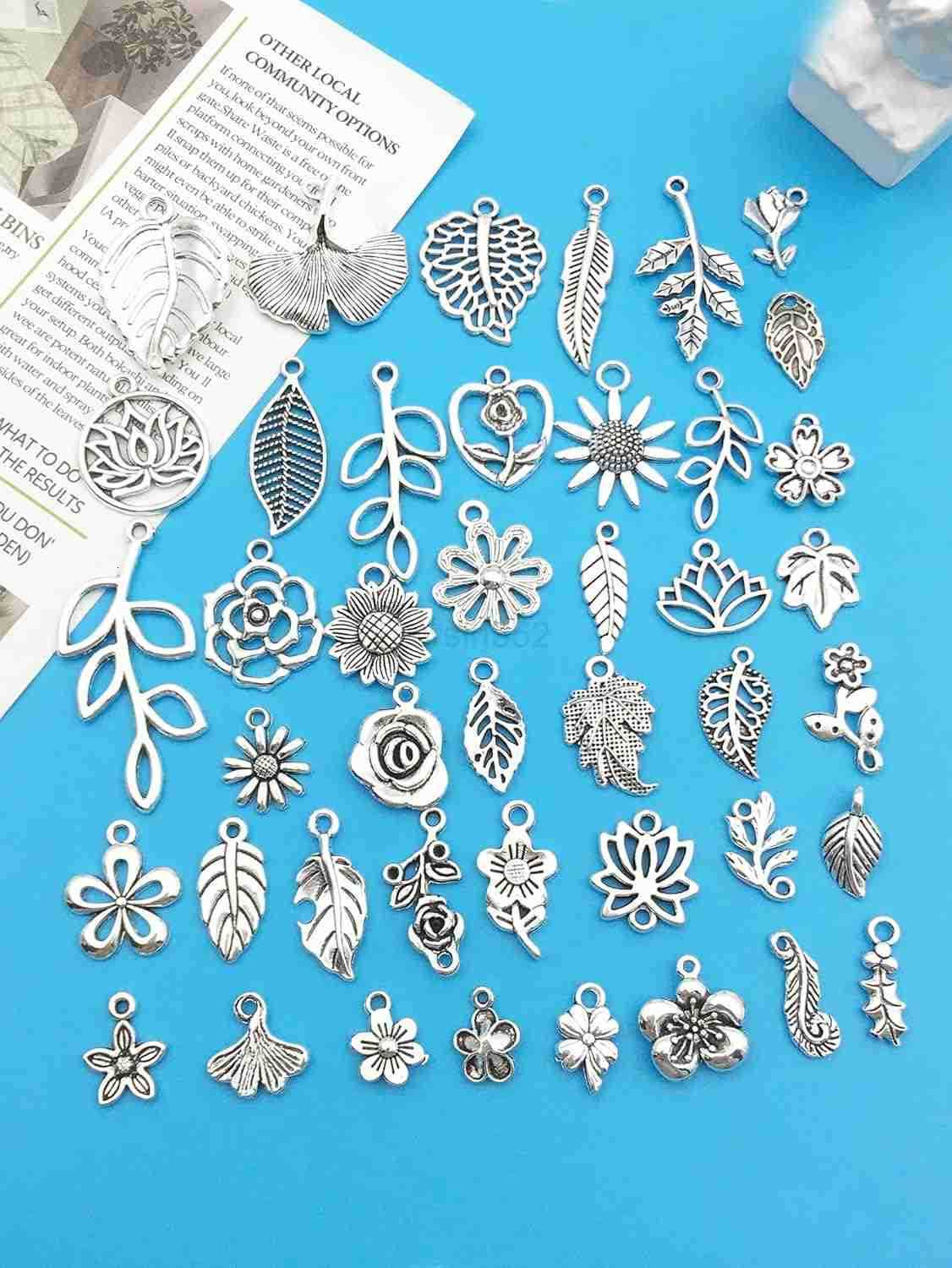 80pcs Alloy Silver Plant Leaf Small Flower Set Series Pendant Jewelry Making DIY Keychain Earrings Pendant Various Design Charms for Jewelry Making Br