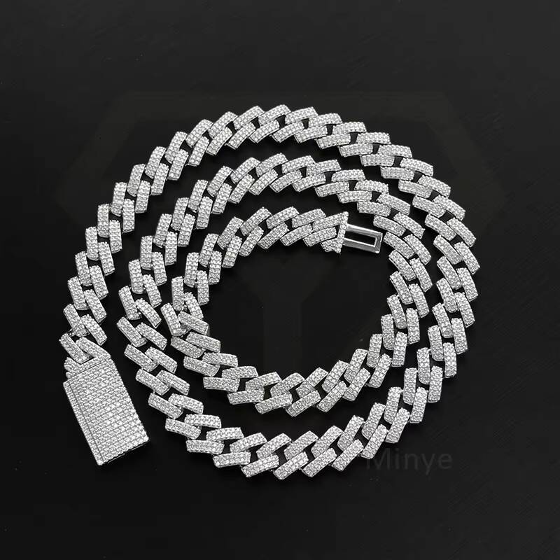 Hip Hop Style 20inch Cuban Chain Necklace 2 Rows VVS Moissanite Diamond 925 Silver 18K White Gold Plating Cuban Link Design