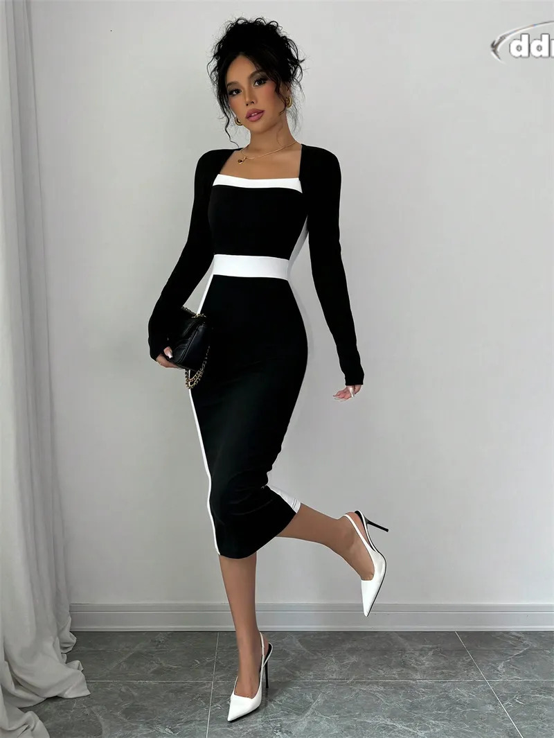 hot Free shipping designer fashion classic versatile light womens clothing splicing color collision medium skirt long sleeved dress TUES