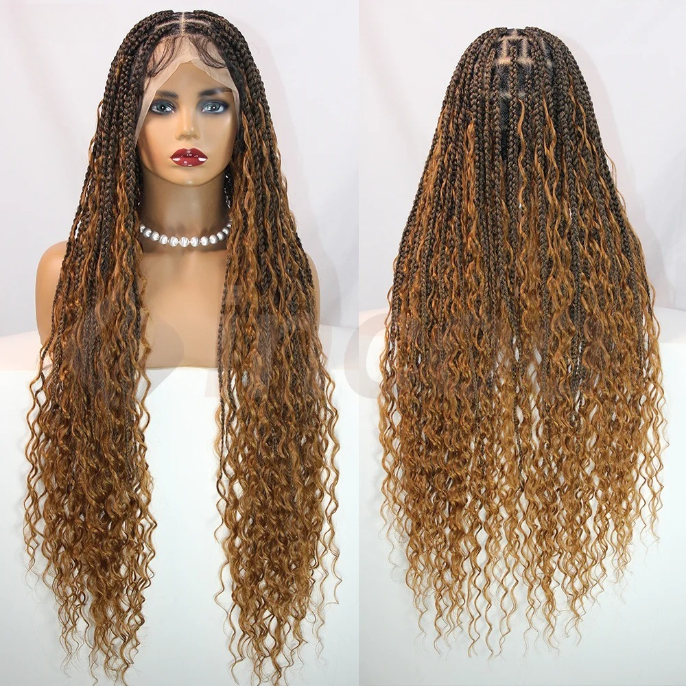 Boho Braided Wigs Synthetic Full Lace Front Wigs Blonde Curly Ends Hair Goddess Locs Cornrows Braid Wigs Knotless Box Braids Lace Frontal Wig