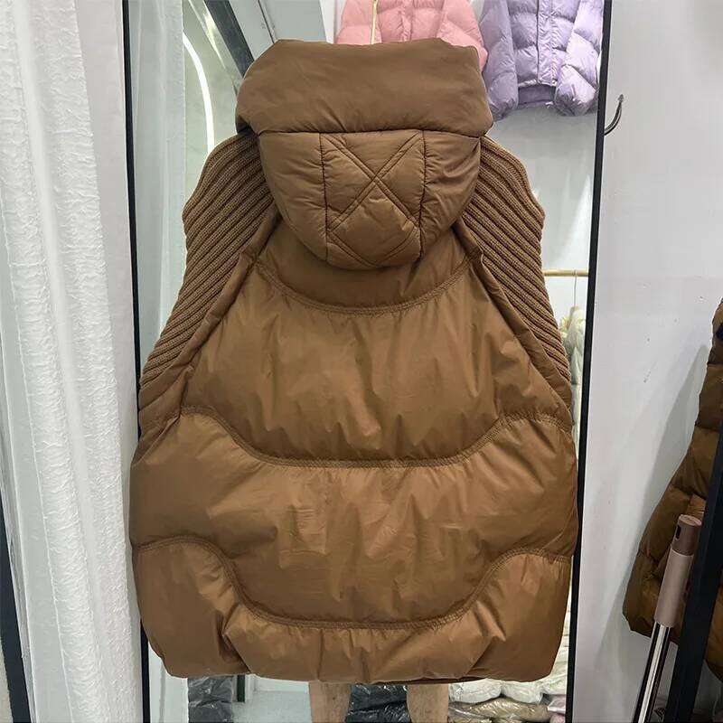 Lagabogy 2025 Winter Women White Duck Down Sleeveless Warm Puffer Jacket Casual Loose Knitwear Patchwork Vest Hooded Waistcoat