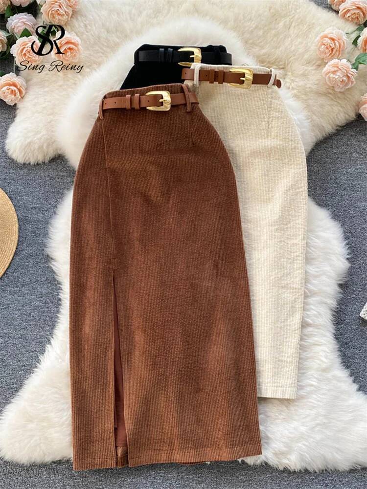 SINGREINY Women Korean Split Sexy Long 2024 Winter Corduroy Slim Thick Streetwear Fashion Vintage Autumn Bodycon Skirt dongdumaoyi