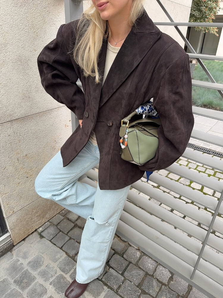 Women's Fashion Dark Brown Suede Jacket Casual Stand Collar Double Breasted Female Coat Lady 2025 Autumn Chic Street Brown Outerwear