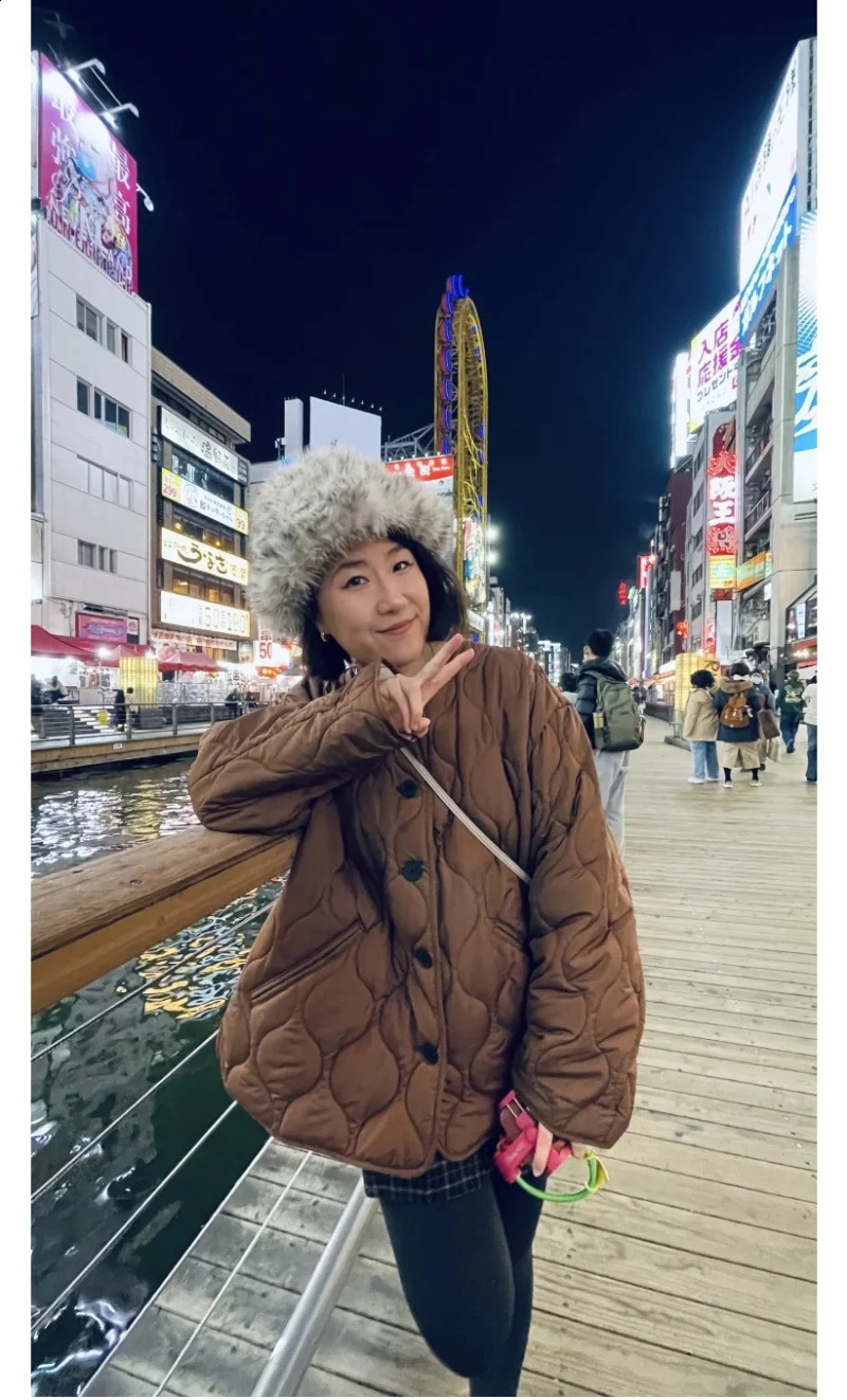 ETJ TRAF womens Autumnwinter Maillard brown light quilted diamond jacket loose version of the round neck coat 250911