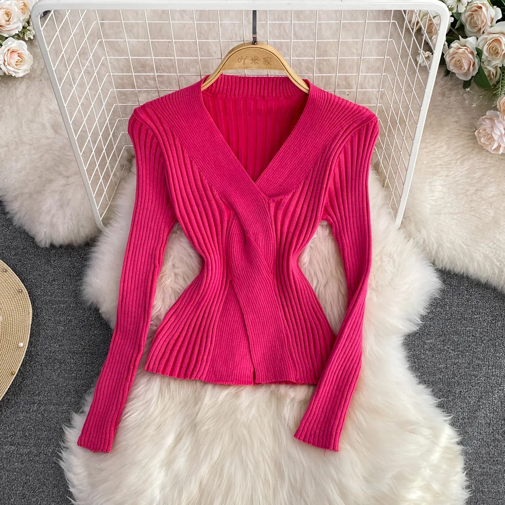 2026 Twist Front V Neck Slim Knitted Sweater Elegant Long Sleeve Solid Sweaters For Fall Winter Knitwears Pullovers Tops 250911