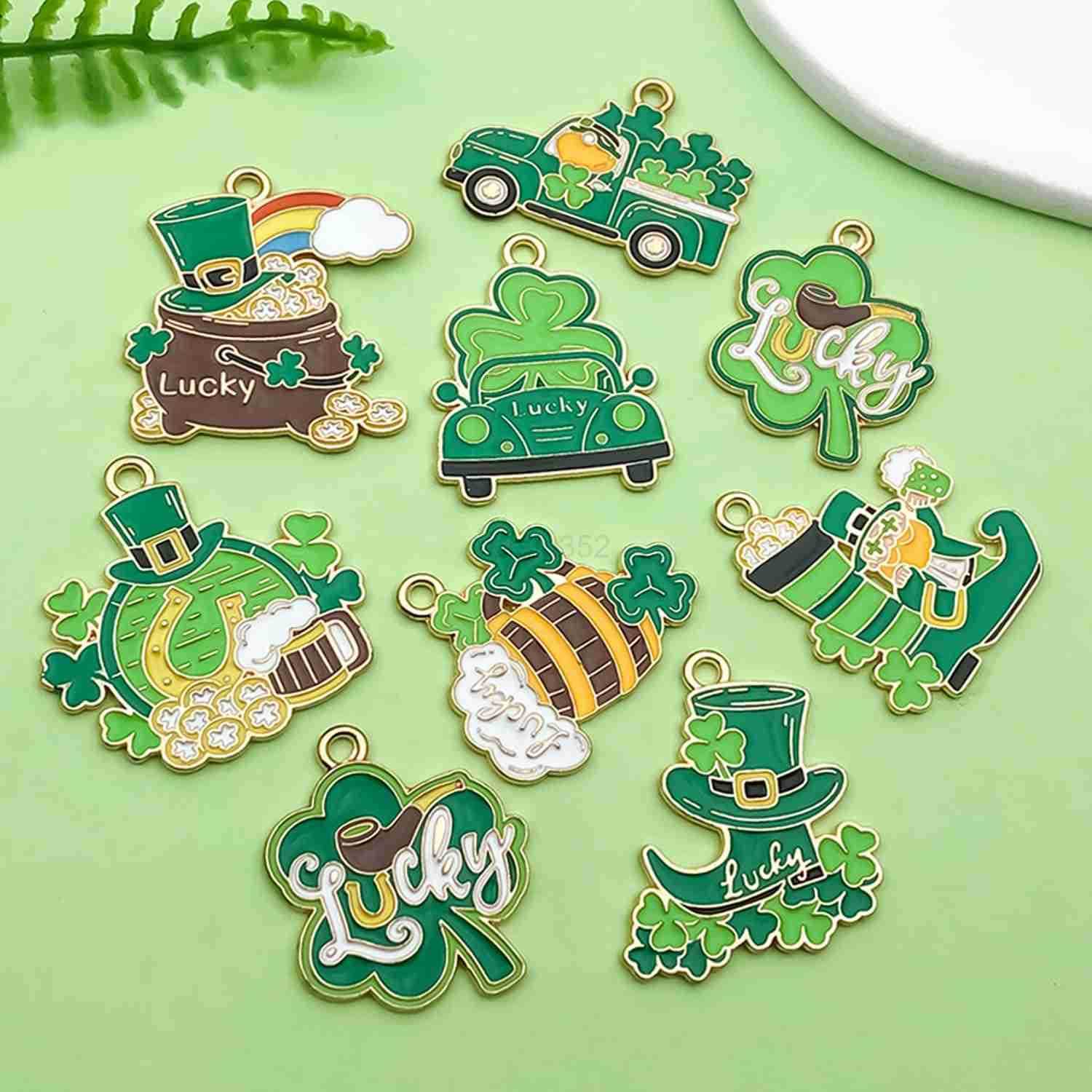 18pcs Alloy enamel green Irish Festival St Patricks Day clover carriage beer glass Jewelry Making DIY Keychain Earrings Pendant Various Design Charms 