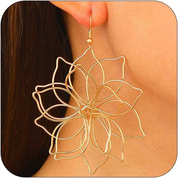 Big Gold Wire Flower Earrings for Women Simple Large Hollow Floral Drop Dangly Earring Charm Silver Trendy Dangling Ear Aesthetic Jewelry GiftsW250911