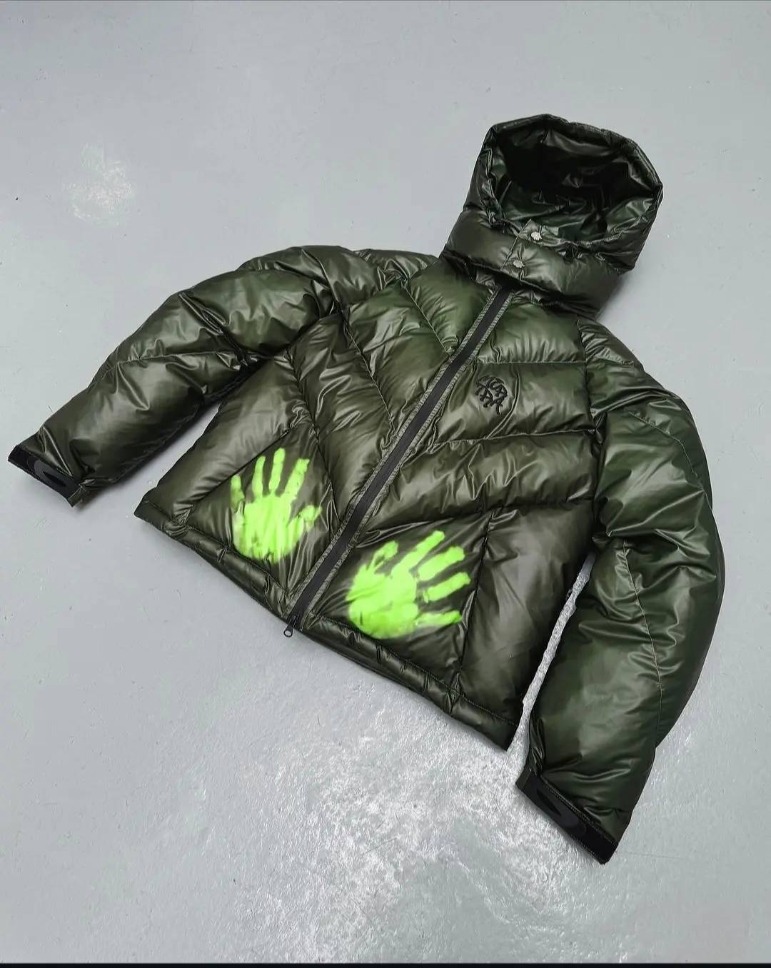 Men's Down Jacket Mertra Thermal Sensing Cotton Jacket - Green Thickened Patchwork Embroidered Warm Puffer Coat Unisex Loose Fit