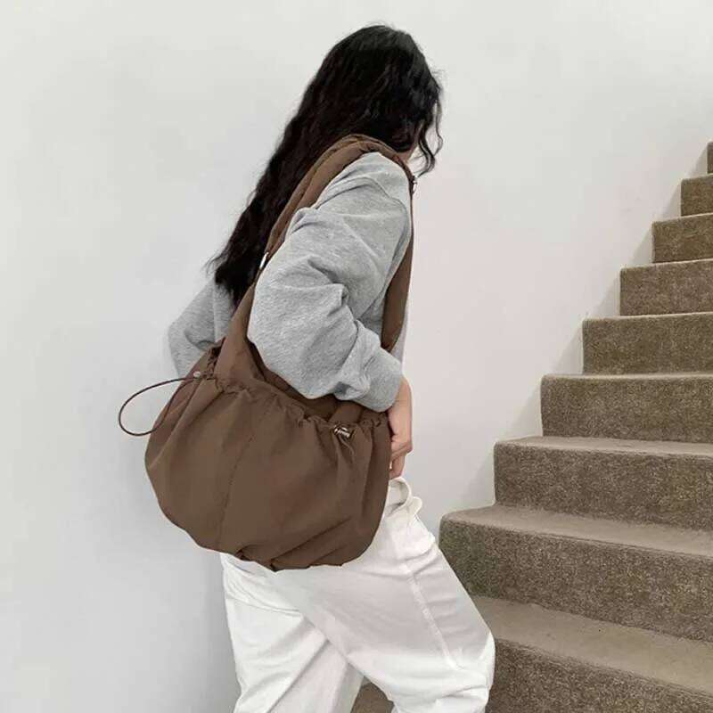 2024 Pleated Crossbody Solid Color Nylon Shoulder Bags For Women Girl Large Capacity Handbag Student Class Tote Bag
