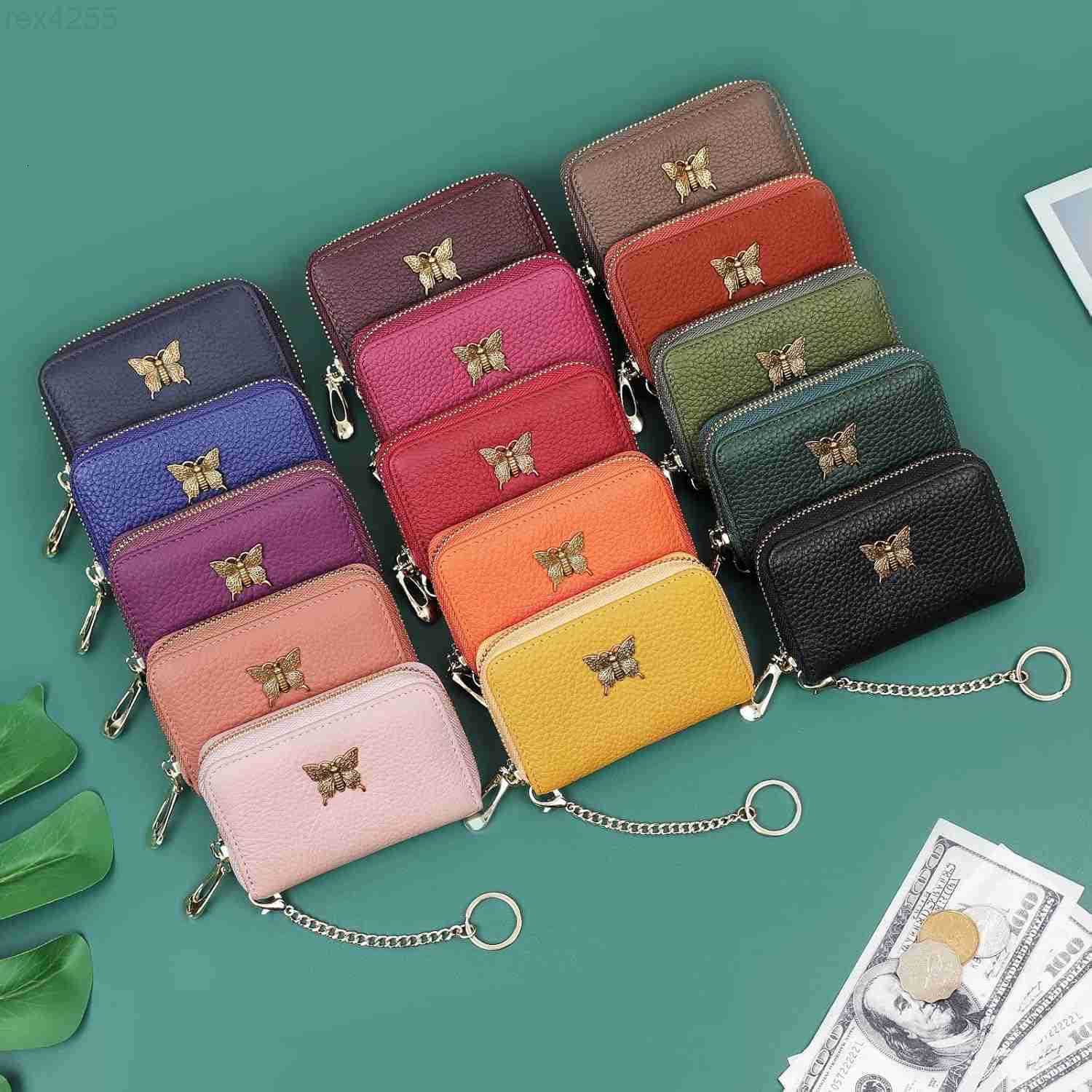 RFID Credit Card Holder for Women Genuine Leather Card Case Wallet with Zipper and Removable Keychain BlackW250911