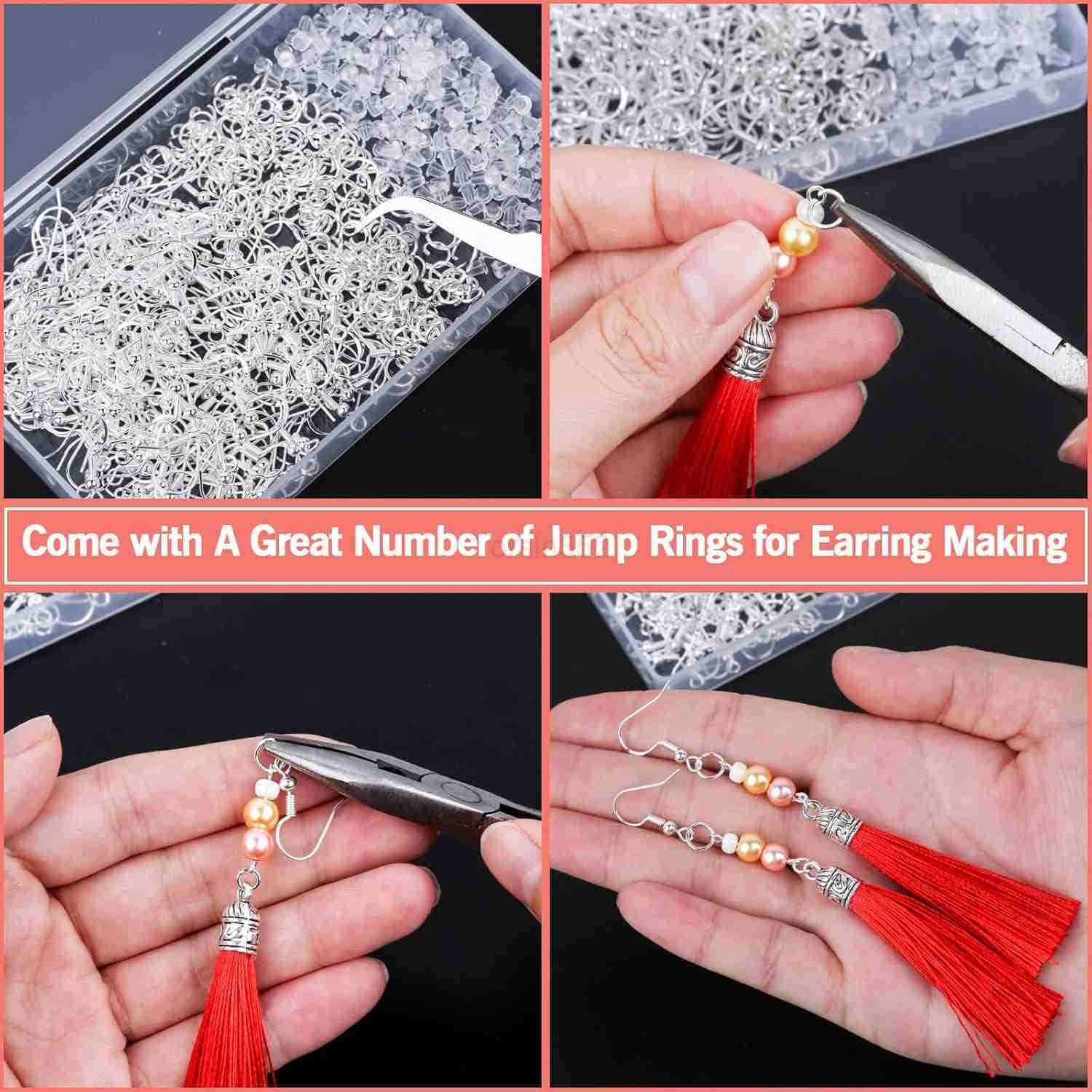 600Pcs Earring Making Kit with Hypoallergenic Hooks Jump Rings Rubber Backs SilverW250911