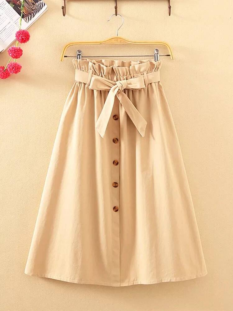 Summer Autumn Skirts Womens Midi Knee Length Korean Elegant Button High Waist Female Pleated School Skirt dongdumaoyi