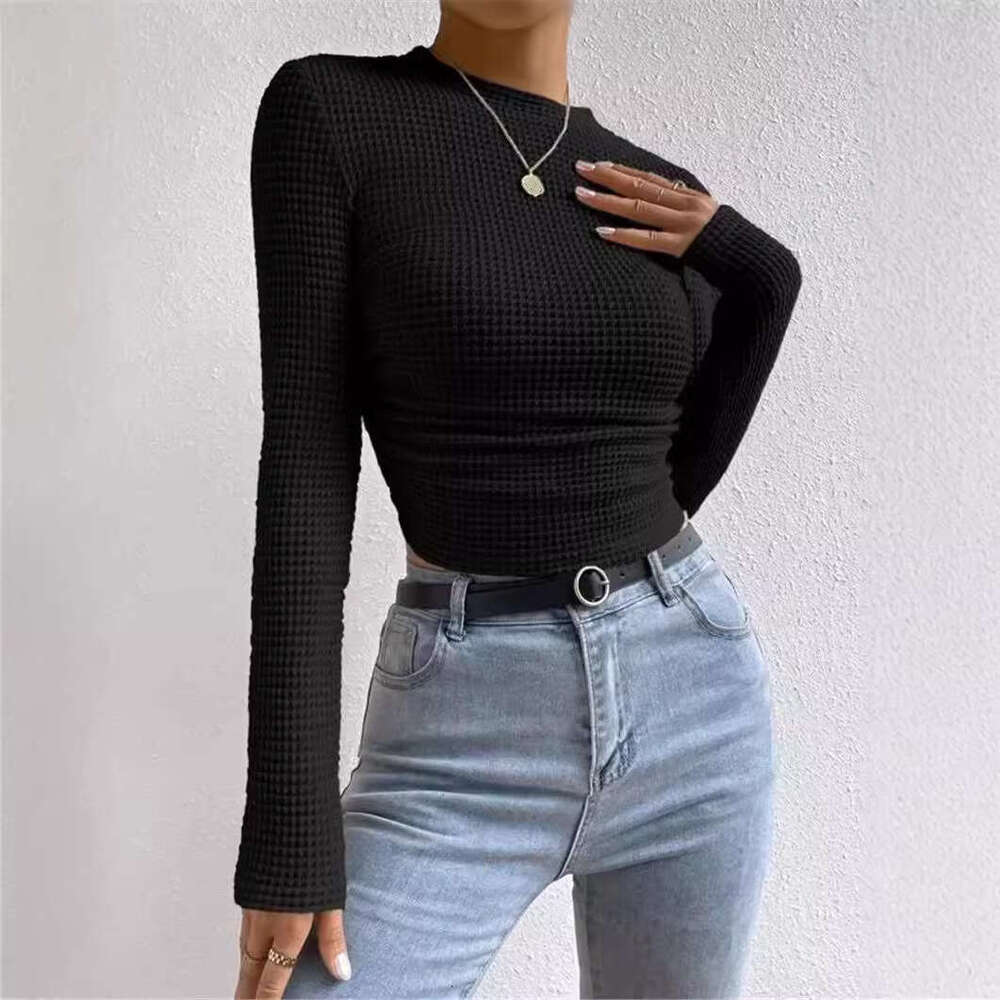 2025 Autumn Winter Slim Fit Long Sleeve Plaid Round Neck Women's T-Shirt with Ruched Detail