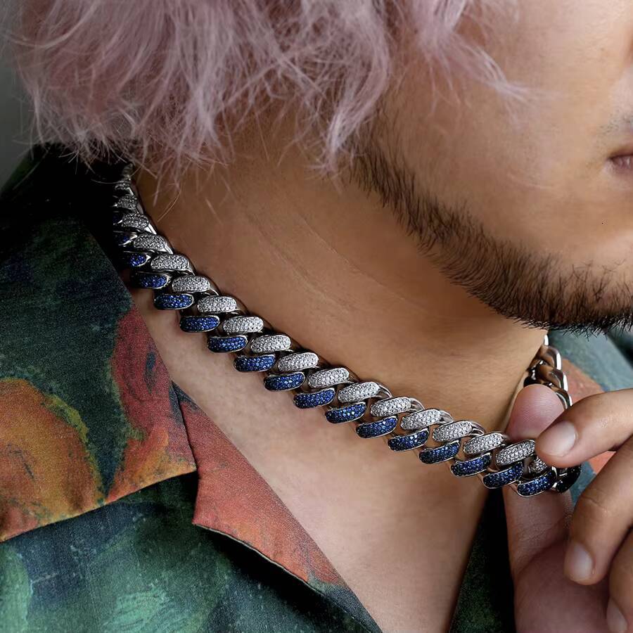 KRKC Wholesale 18mm White and Blue Two Tone Plating Prong Iced Out Necklace 5A 3 Rows CZ Two Tone Cuban Link Chain
