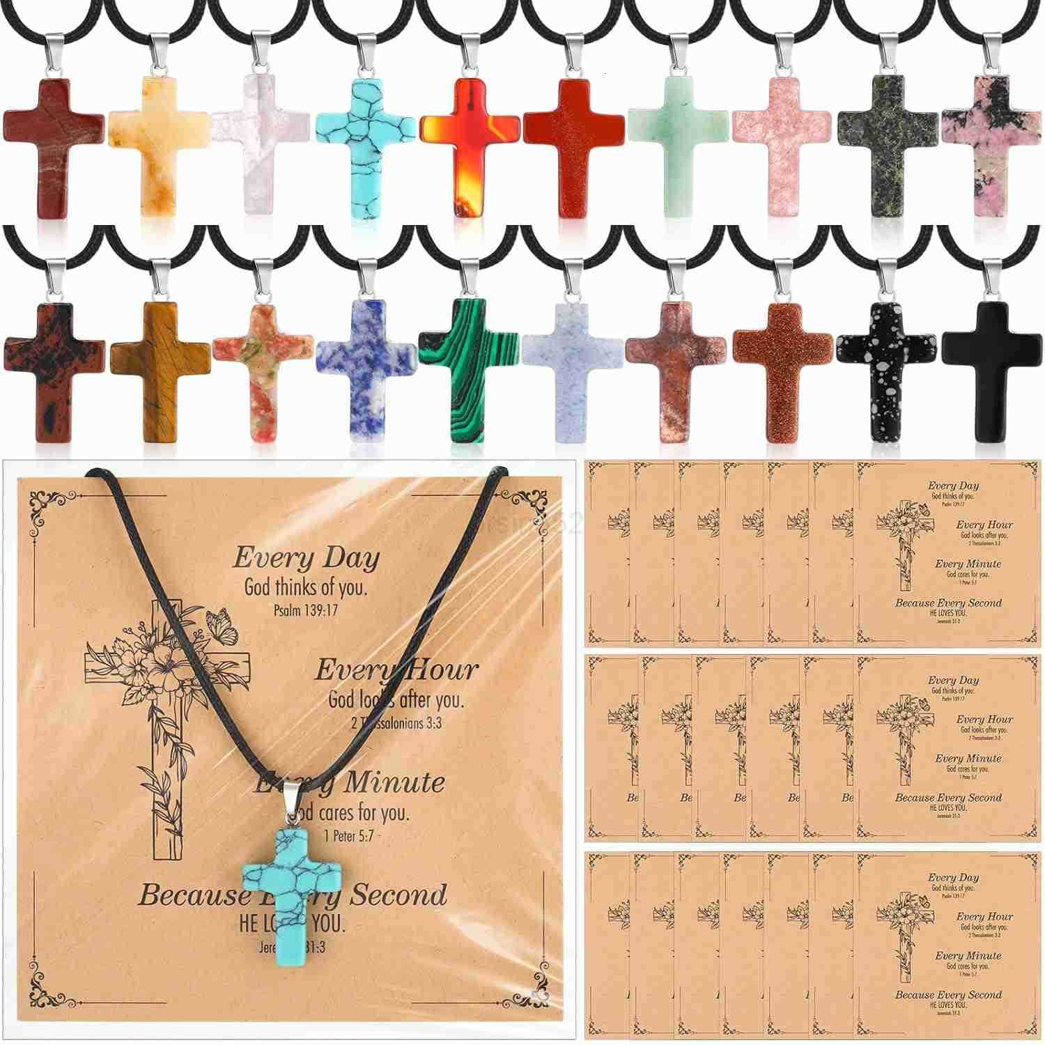 Cross Charms for Jewelry Making Natural Stone Cross Gemstone Pendant Quartz Crystal Charm with Leather Chain and Christian Card for DIY Necklace Earri