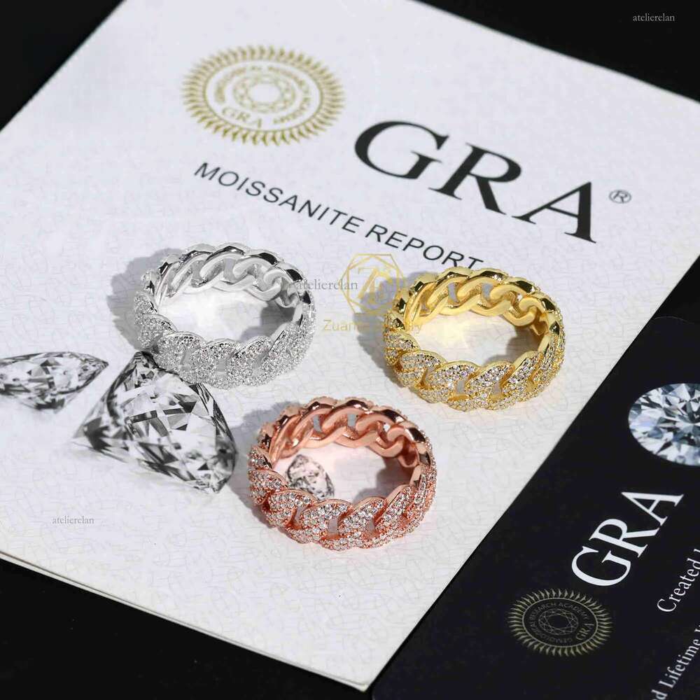 Hiphop Jewelry 2 Rows 7mm Width Cuban Link Sier Moissanite Dia Ice Out Rapper Men Ring L2506090MS3