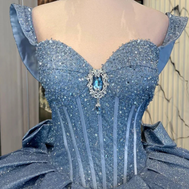 Light Blue Shiny Off The Shoulder Quinceanera Dresses Ball Gown Beads Bow Party Birthday Sweet 16 Dress Vestidos De 15 Anos