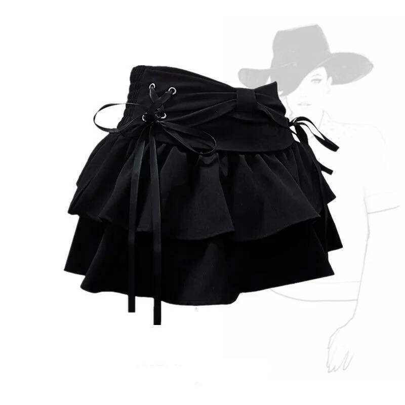 Blue Denim Pleated Bow Fold Design Women's A-line Short Skirt Built in Shorts American Spicy Girl Korean Fashion Hotsweet dongdumaoyi