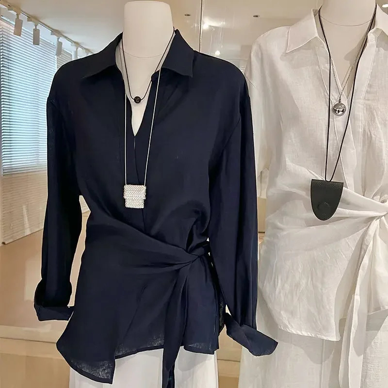 Loose Long Sleeve Womens Shirt Asymmetrical WaistCinching French Preppy Style Relaxed Fashion n Casual Top 250911