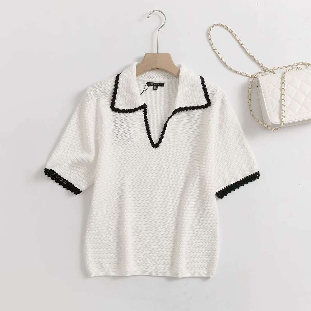 DHEssentials Spring New Women's Small Fragrance Style Elegant Fashion Polo Collar Crochet Short Sleeve Knitted Shirt 05731683712