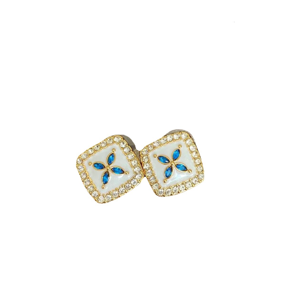 Luxury Brand Designer Jewelry Vintage Diamond-Studded Square Niche Earrings, Artistic Retro Hong Kong Style Square Blue Flower Earrings