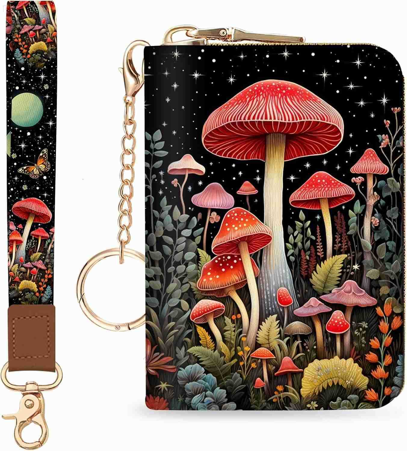 Credit Card Holder for Women Goth Small RFID Blocking Wallet with Wristlet Strap Gothic Zipper Keychain Women Wallet Leather Card Case Wallet Purse wi