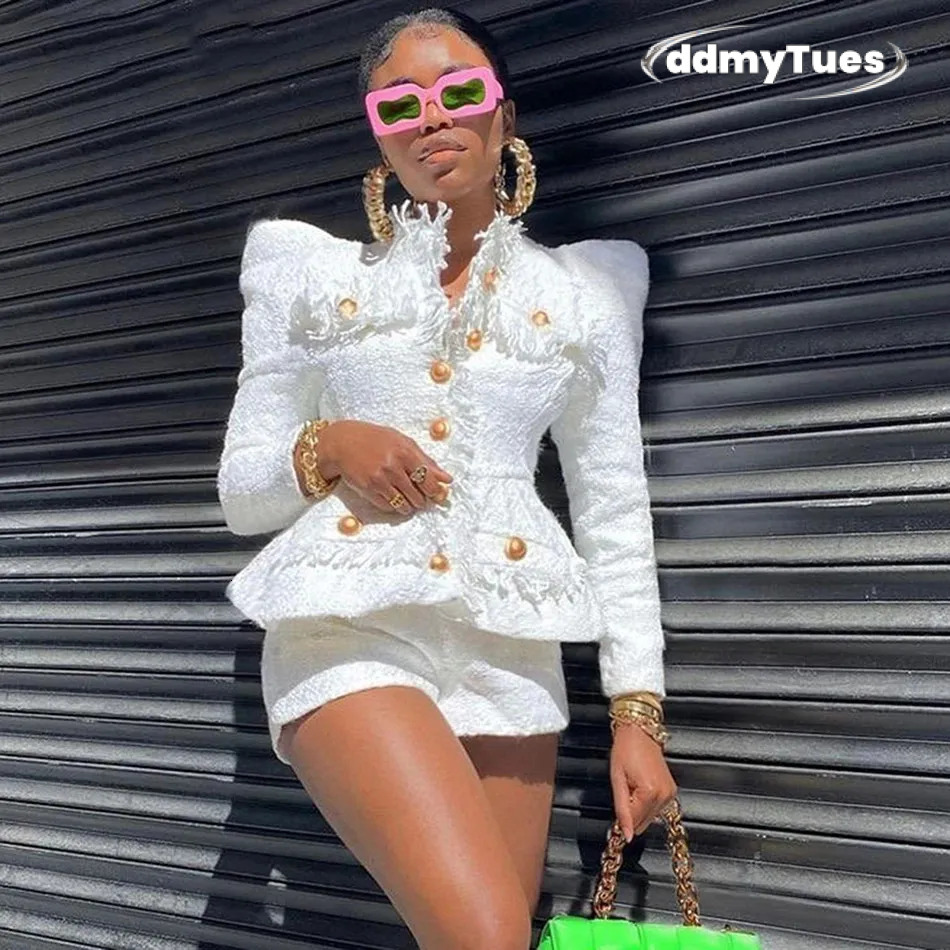 Two-Piece Sexy O-Neck Long Sleeve High Quality Womens Tweed 2 Single Breasted Jacket And Pants Club Party Set 250718 TUES