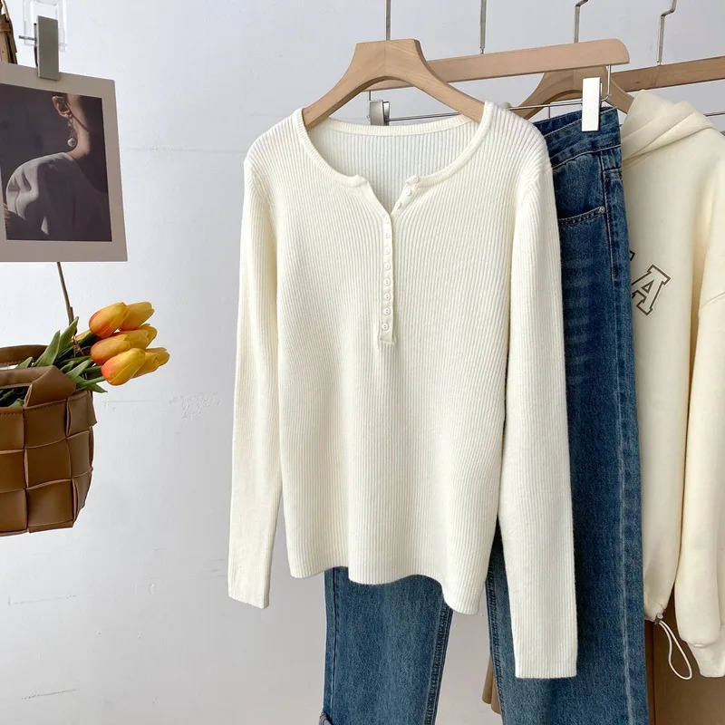 Knitted Jumper Soft Warm Pullovers Little Button Vneck Long Sleeve Sweaters Solid Multi Color Basic Slim Pullover Tops 250911