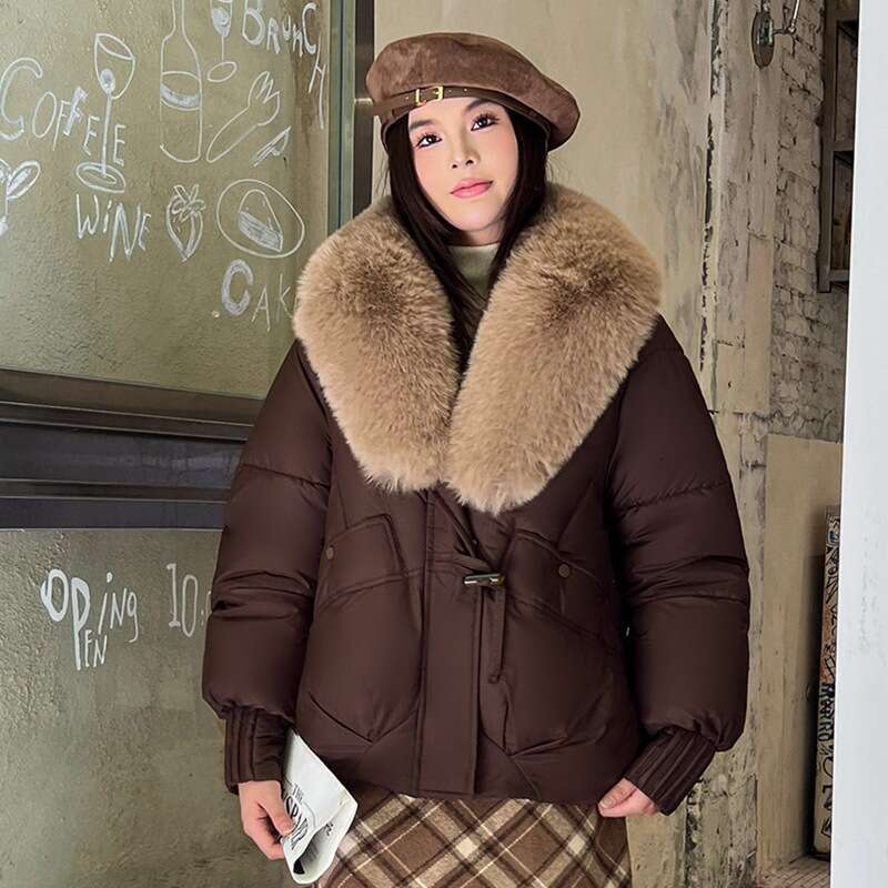 Phoenix Down for Women Winter New Large Fur Collar Short Puffer Jacket Loose Cotton Coat Outerwear