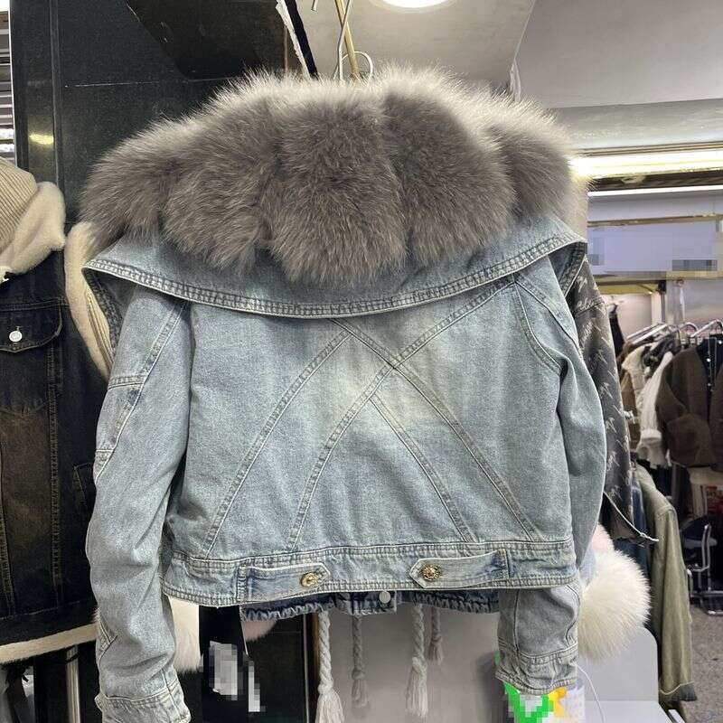 Clothing Winter New Large Collar Fox Denim Fur Jacket Women's Thick Lined Parka