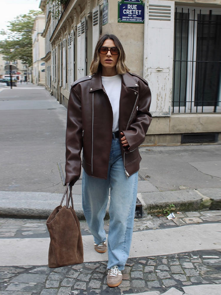 Women's Leather Outerwear Revival Lapel Zipper Coats Vintage Turn-down Collar Long Sleeve Asymmetrical Autumn Winter Jackets Chic Outerwears
