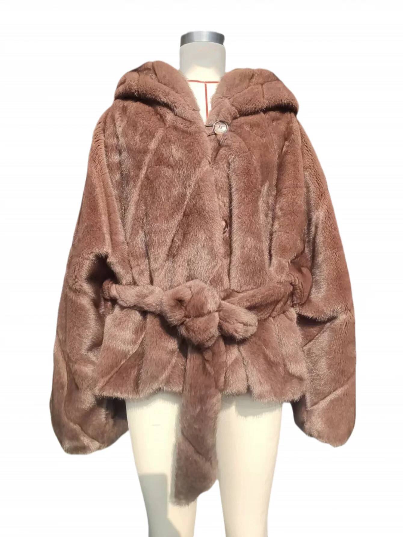 New fashion for autumn and winter: casual fluffy faux fur coat, women's hooded belt style, batsleeve artificial Mink Coat