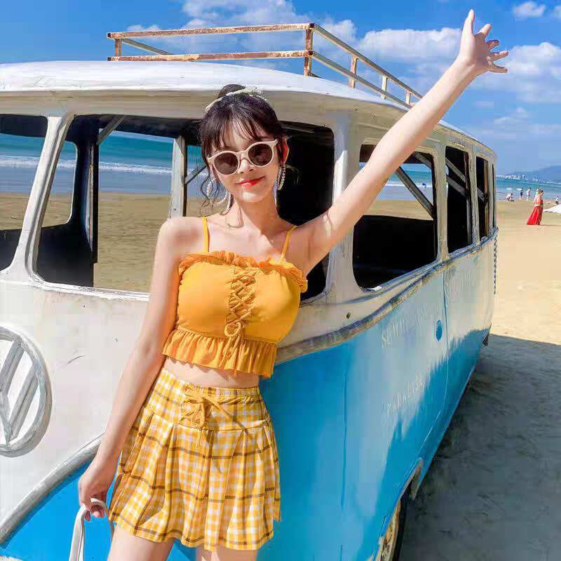 Korean Cute Fresh Plaid Skirt Style Two-Piece Bikini Small Chest Slimming Student Conservative Swimsuit
