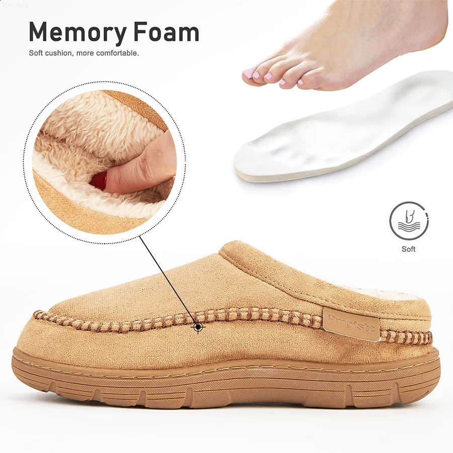 Winter Mens Slippers Memory Foam Plush Warm Cozy Vintage House Shoes Suede Sewing er Casual Slipper IndoorOutdoor250906