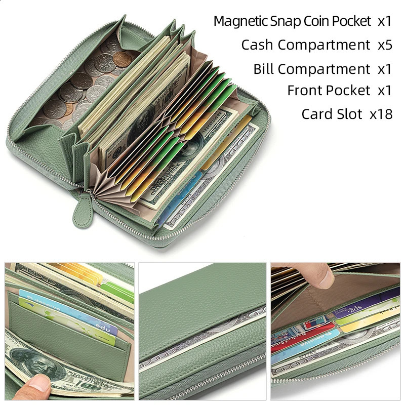 Long Zipper Wallet for Women Genuine Leather RFIDBlocking Large Capacity Credit Card Holder Wallets with Coin Pouch MoneyPockets250906