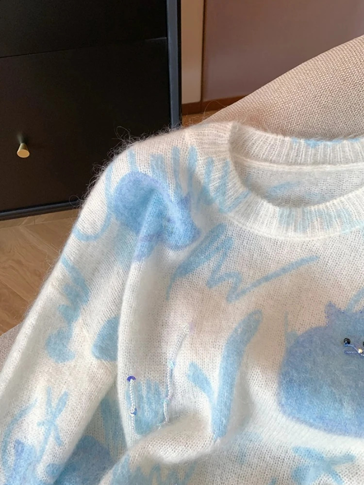 Heavy Industry n Cat Print Bead Soft Waxy Pullover Womens Lazy Agereducing Mohair Knitted Sweater 250911
