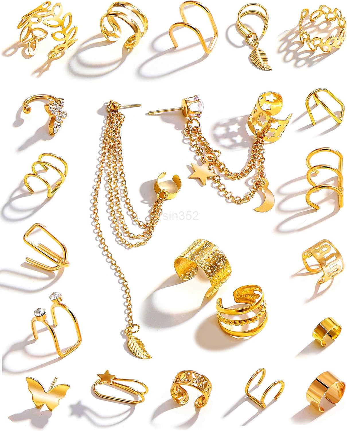 22Pcs Gold Ear Cuffs Earrings for Women Non Piercing Lightweight Adjustable Hypoallergenic Fake Clip On Cartilage Butterfly Chain Twist Helix Leaf Wra