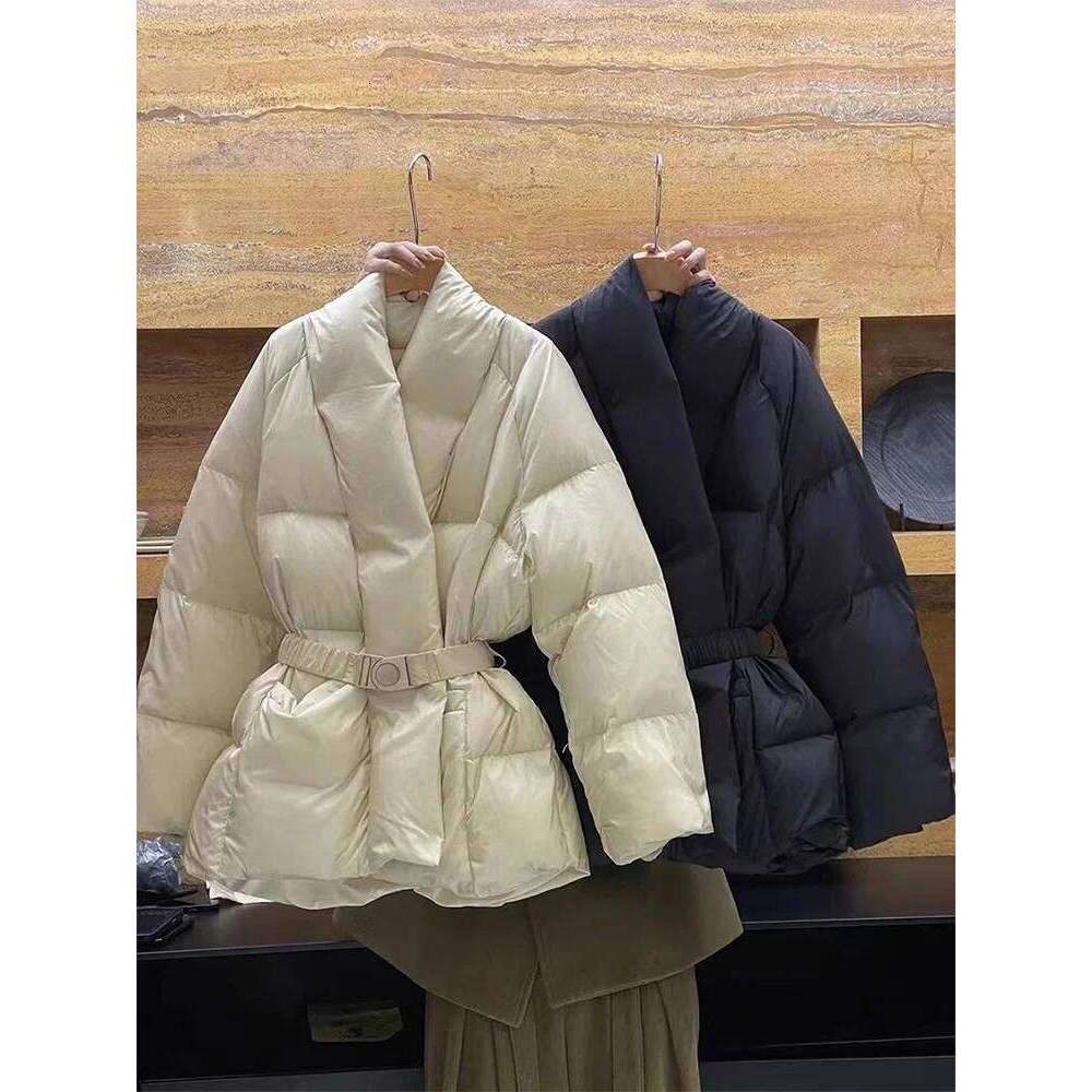 Lagabogy 2025 Winter Belt Waist-Tight Elegant Warm 90% White Duck Down Jacket Female Long Sleeve Solid Color V-Neck Puffer Coat