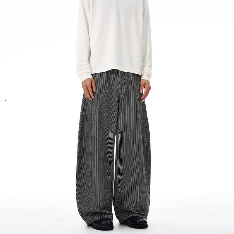 2025 Autumn/Winter Retro Stripe Printed Jeans for Men, Loose Straight Tube Curved Knife Version, Versatile Couple Long Pants