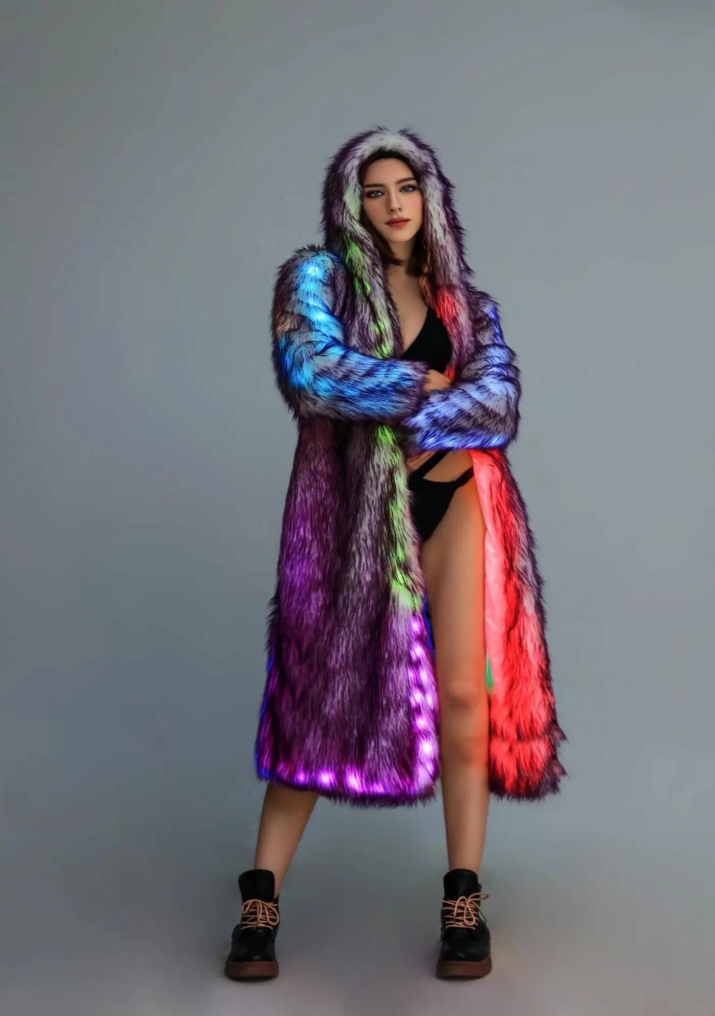 FHILLINUO Faux Women's Fashion Thick Fox Leather Led Light Up Rave Jacket Plus Size Especially Fake Fur Cold Coat