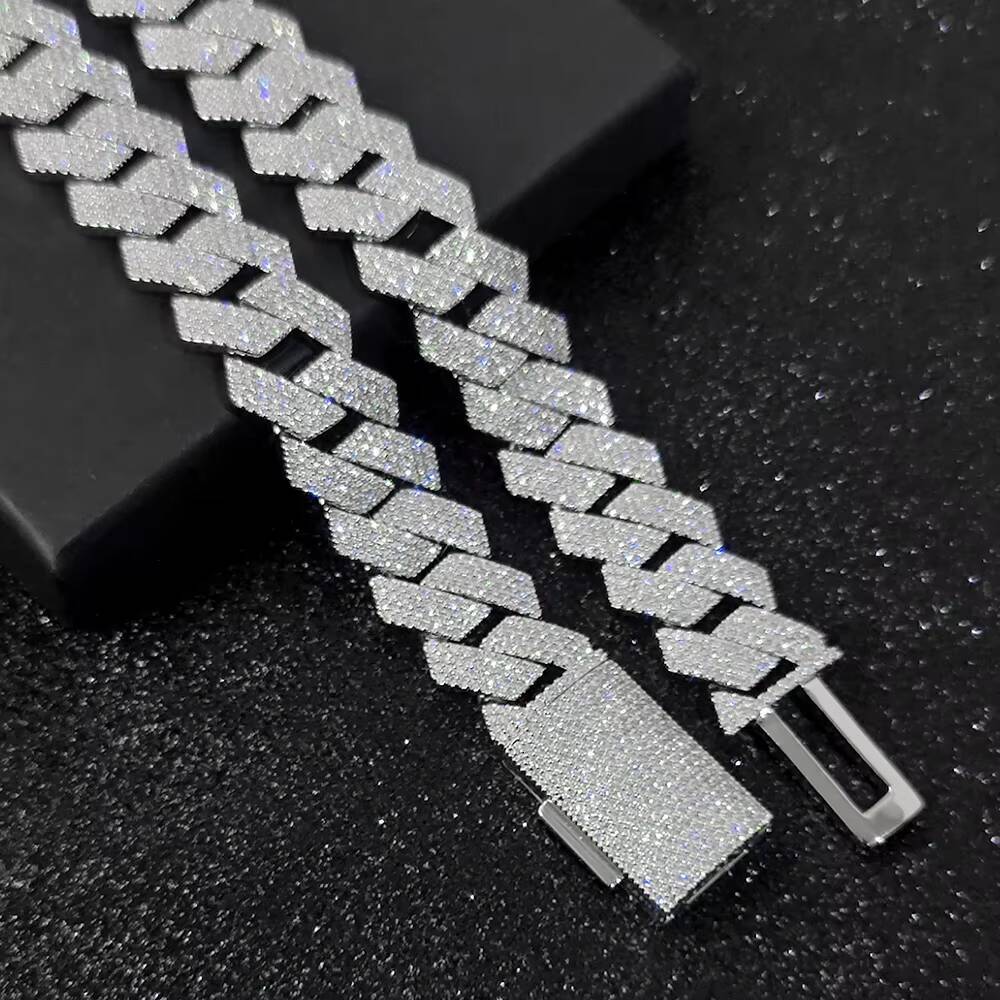 Hip Hop Jewelry 15mm 4 Rows Iced Out CZ Stone Prong Cuban Chain Necklace White Gold Prong Miami Cuban Link Chain for Men